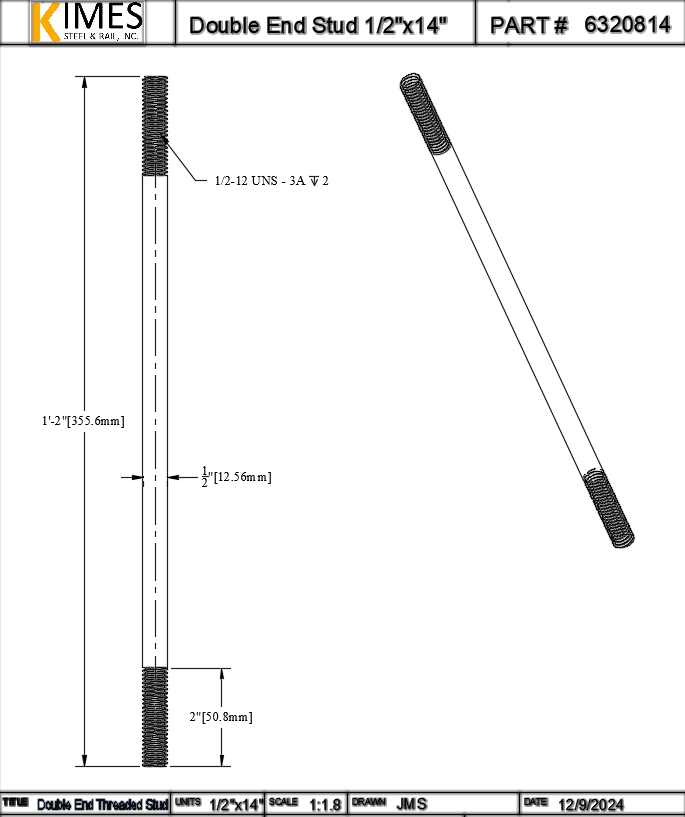 Double End Stud 1/2"x14" Steel Threaded 2" Each End 13 TPI UNC