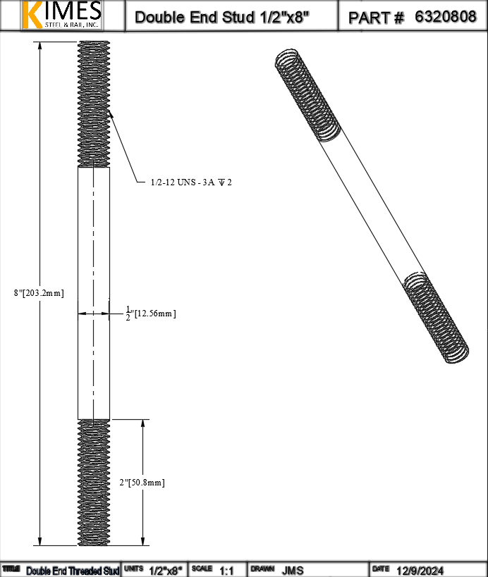 Double End Stud 1/2"x8" Steel Threaded 2" Each End 13 TPI UNC
