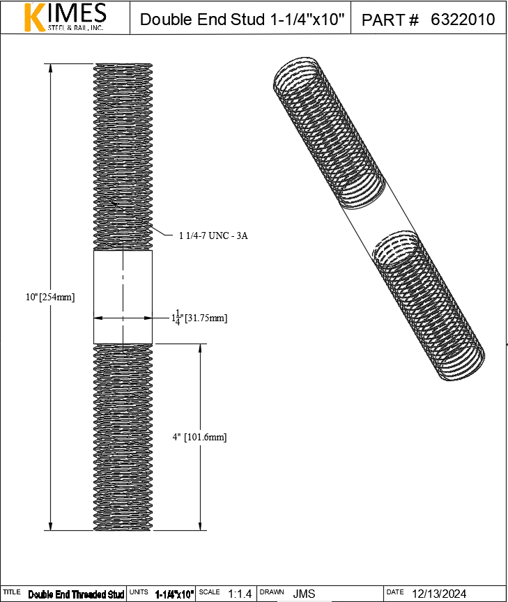 Double End Stud 1-1/4"x10" Steel Threaded 4" Each End 7 TPI UNC
