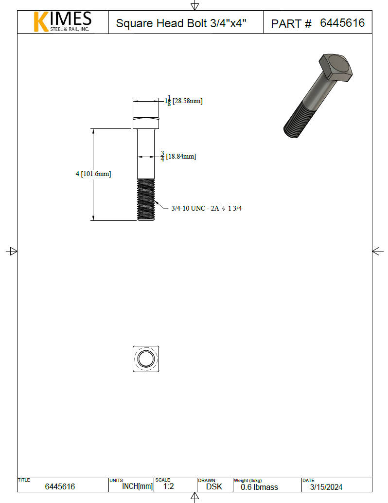 3/4"x4" Square Head Bolt w/heavy sq nut