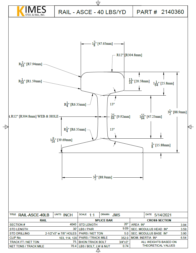 40 lb ASCE New Rail 40' Holes 2-1/2"x5" 534 lb/pc