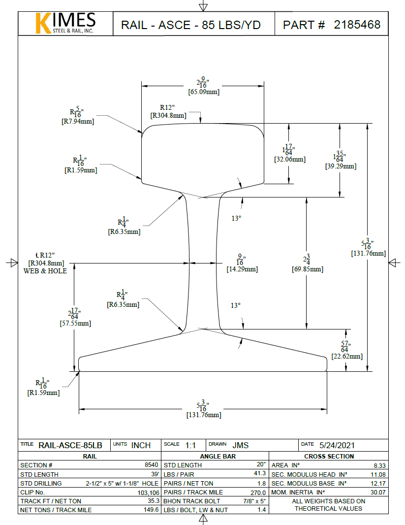 85 lb ASCE New Rail 33' Holes 2-1/2"x5" 935 lb/pc