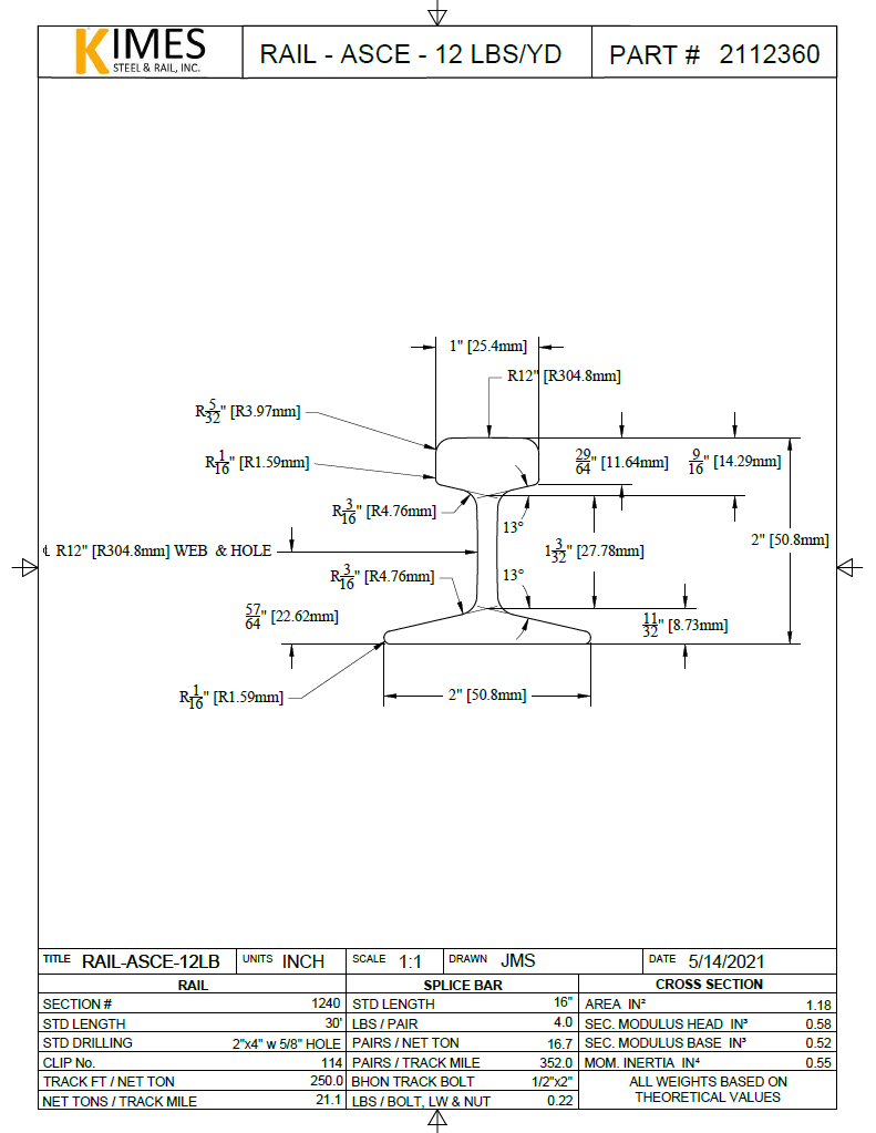 12 lb ASCE New Rail 30' Holes 2"x4" 120 lb/pc
