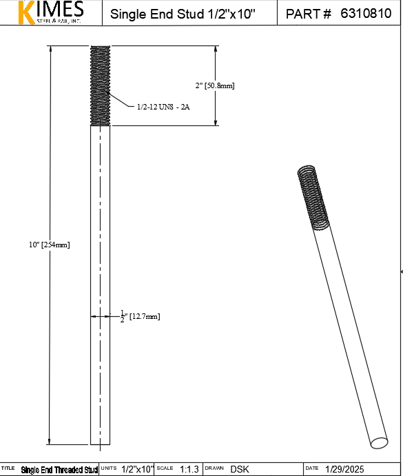 Single End Stud 1/2"x10" Steel Threaded 2" One End 13 TPI UNC