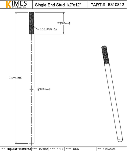 Single End Stud 1/2"x12" Steel Threaded 2" One End 13 TPI UNC