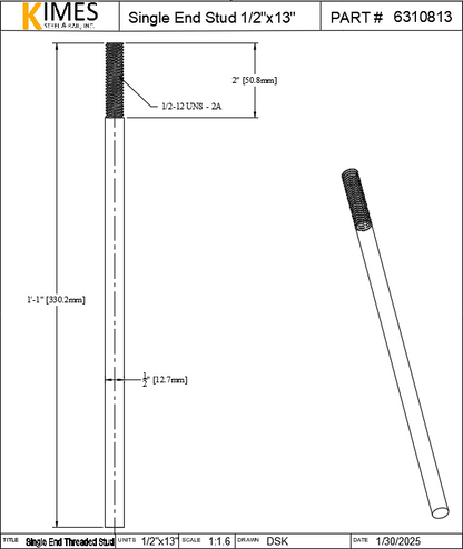 Single End Stud 1/2"x13" Steel Threaded 2" One End 13 TPI UNC