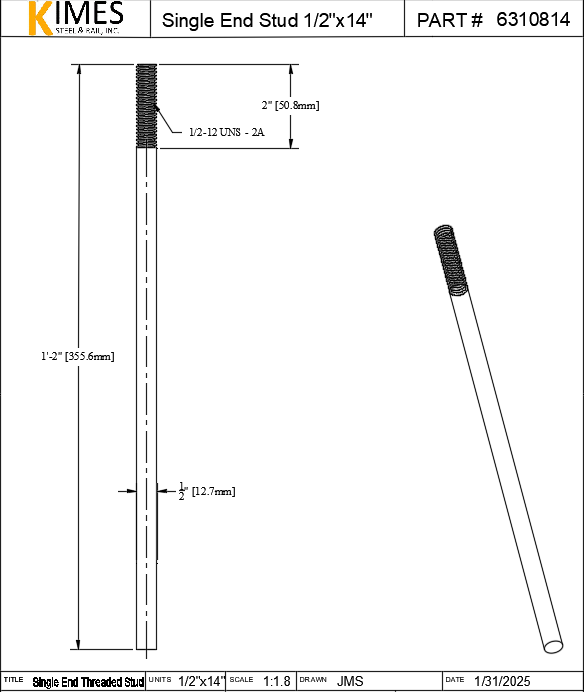 Single End Stud 1/2"x14" Steel Threaded 2" One End 13 TPI UNC