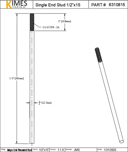 Single End Stud 1/2"x15" Steel Threaded 2" One End 13 TPI UNC