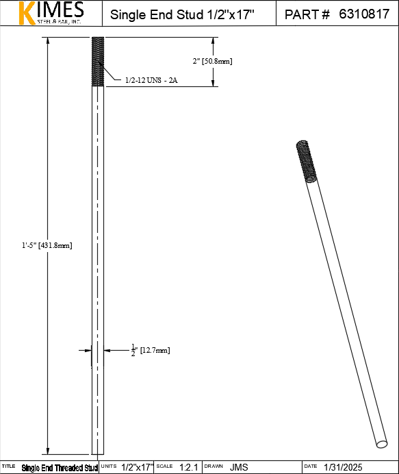 Single End Stud 1/2"x17" Steel Threaded 2" One End 13 TPI UNC