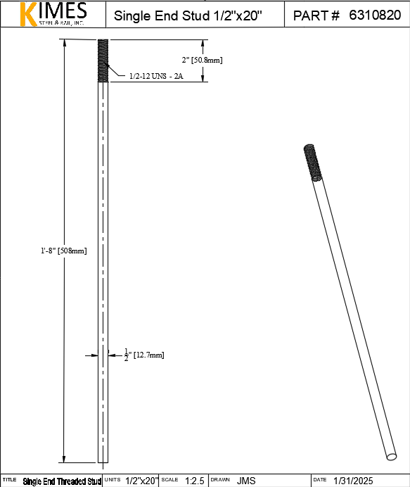 Single End Stud 1/2"x20" Steel Threaded 2" One End 13 TPI UNC