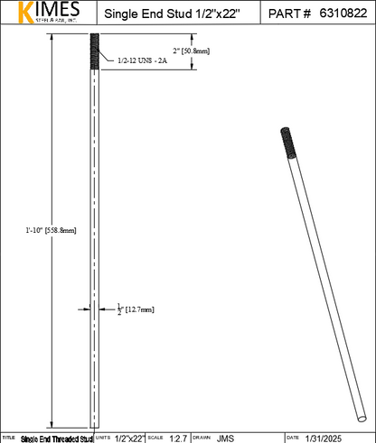 Single End Stud 1/2"x22" Steel Threaded 2" One End 13 TPI UNC