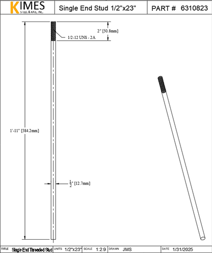 Single End Stud 1/2"x23" Steel Threaded 2" One End 13 TPI UNC