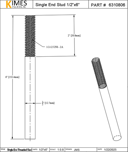 Single End Stud 1/2"x6" Steel Threaded 2" One End 13 TPI UNC