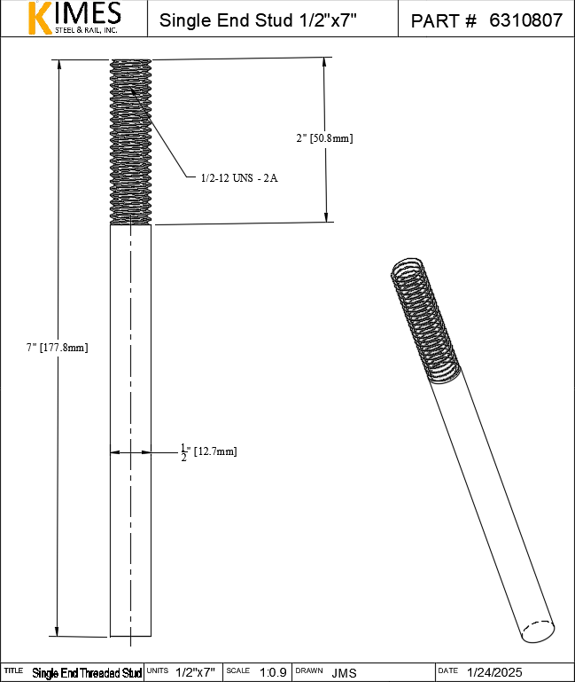 Single End Stud 1/2"x7" Steel Threaded 2" One End 13 TPI UNC