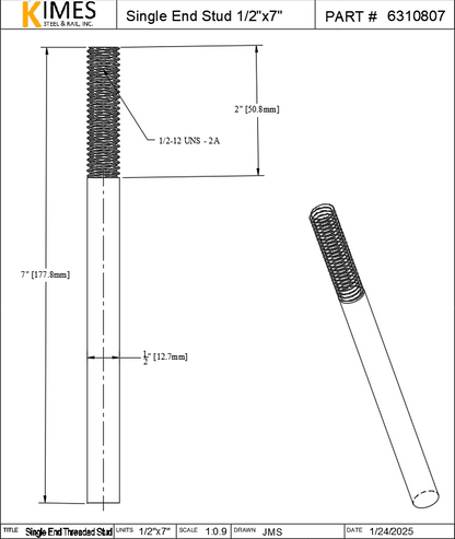 Single End Stud 1/2"x7" Steel Threaded 2" One End 13 TPI UNC