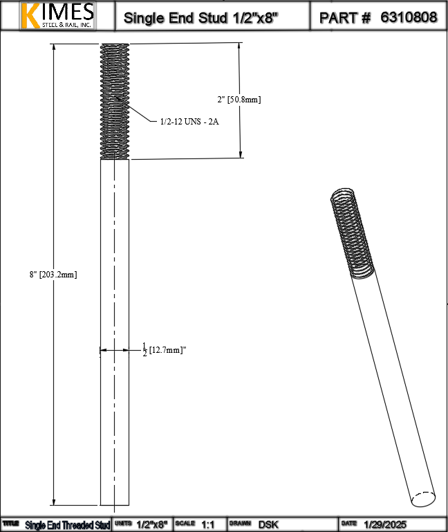 Single End Stud 1/2"x8" Steel Threaded 2" One End 13 TPI UNC