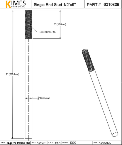 Single End Stud 1/2"x9" Steel Threaded 2" One End 13 TPI UNC