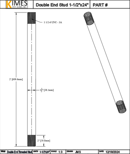 Double End Stud 1/2"x24" Steel Threaded 2" Each End 13 TPI UNC