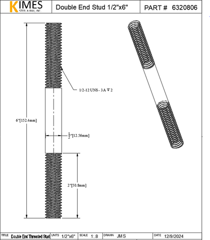 Double End Stud 1/2"x6" Steel Threaded 2" Each End 13 TPI UNC