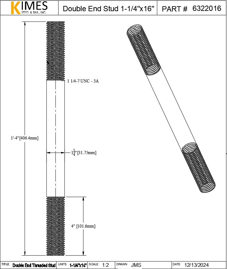 Double End Stud 1-1/4"x16" Steel Threaded 4" Each End 7 TPI UNC