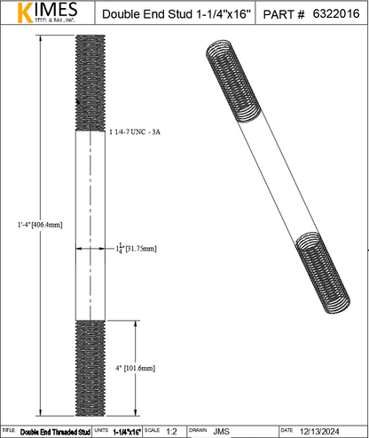 Double End Stud 1-1/4"x16" Steel Threaded 4" Each End 7 TPI UNC