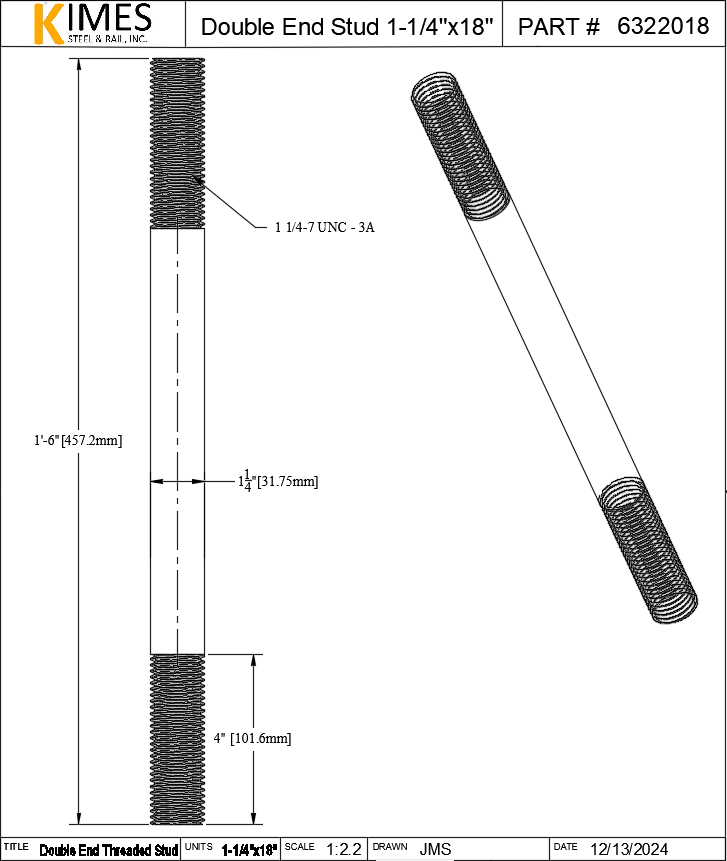 Double End Stud 1-1/4"x18" Steel Threaded 4" Each End 7 TPI UNC