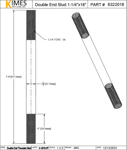 Double End Stud 1-1/4"x18" Steel Threaded 4" Each End 7 TPI UNC