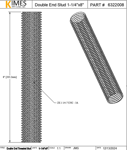 Double End Stud 1-1/4"x8" Steel Threaded 4" Each End 7 TPI UNC