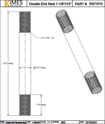 Double End Stud 1-1/8"x10" Steel Threaded 2" Each End 7 TPI UNC