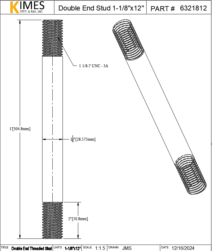 Double End Stud 1-1/8"x12" Steel Threaded 2" Each End 7 TPI UNC
