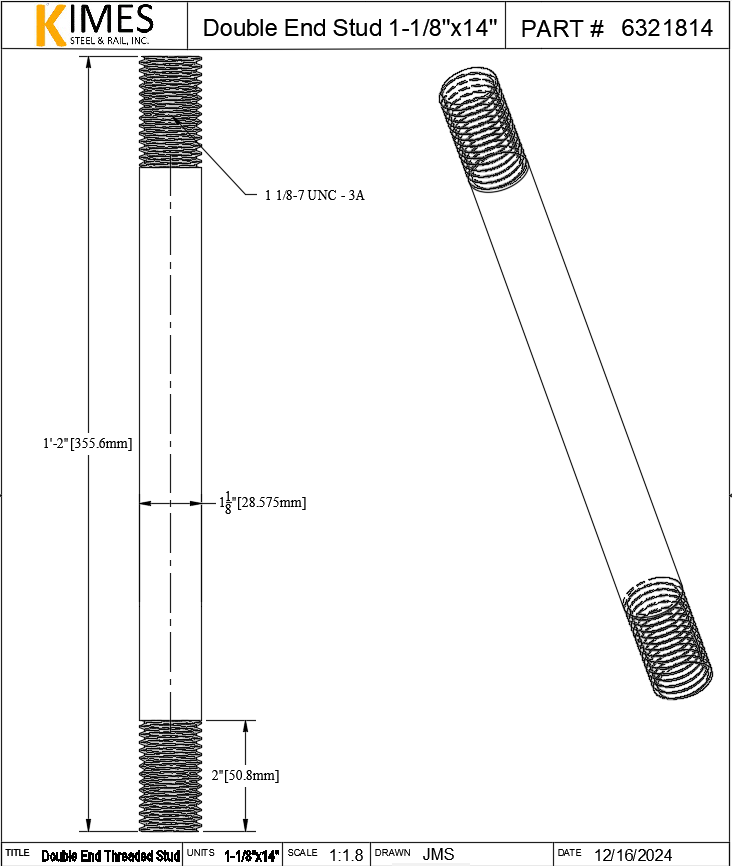 Double End Stud 1-1/8"x14" Steel Threaded 2" Each End 7 TPI UNC