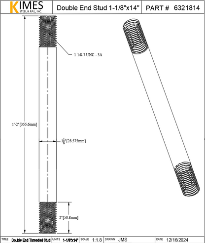 Double End Stud 1-1/8"x14" Steel Threaded 2" Each End 7 TPI UNC