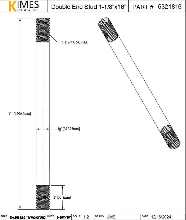 Double End Stud 1-1/8"x16" Steel Threaded 2" Each End 7 TPI UNC