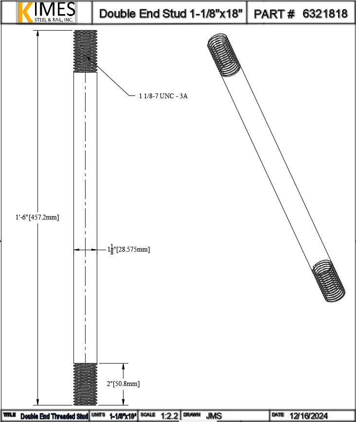 Double End Stud 1-1/8"x18" Steel Threaded 2" Each End 7 TPI UNC