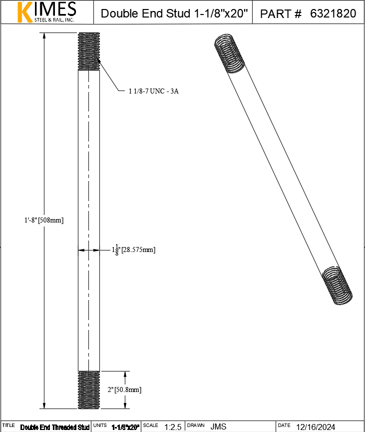Double End Stud 1-1/8"x20" Steel Threaded 2" Each End 7 TPI UNC