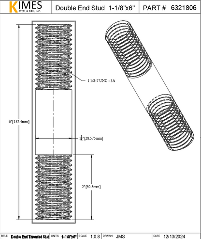 Double End Stud 1-1/8"x6" Steel Threaded 2" Each End 7 TPI UNC