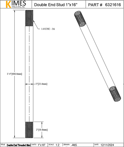 Double End Stud 1"x16" Steel Threaded 2" Each End 8 TPI UNC
