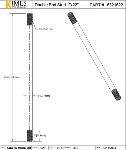 Double End Stud 1"x22" Steel Threaded 2" Each End 8 TPI UNC