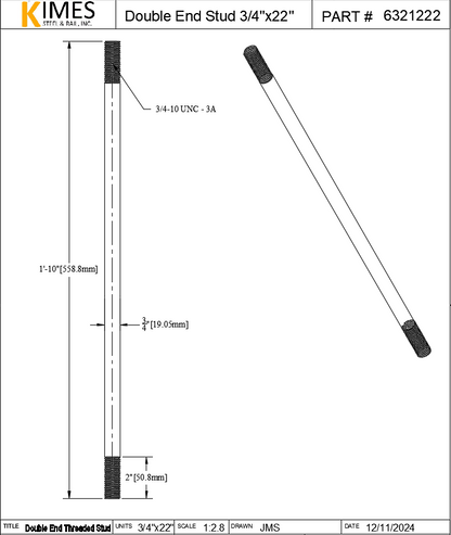 Double End Stud 3/4"x22" Steel Threaded 2" Each End 10 TPI UNC