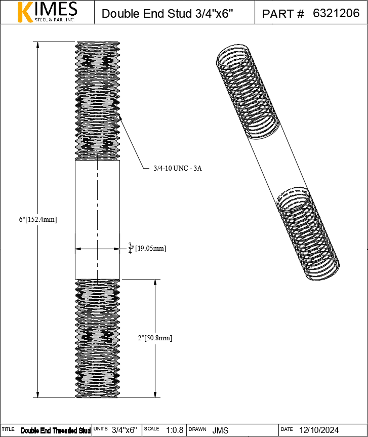 Double End Stud 3/4"x6" Steel Threaded 2" Each End 10 TPI UNC