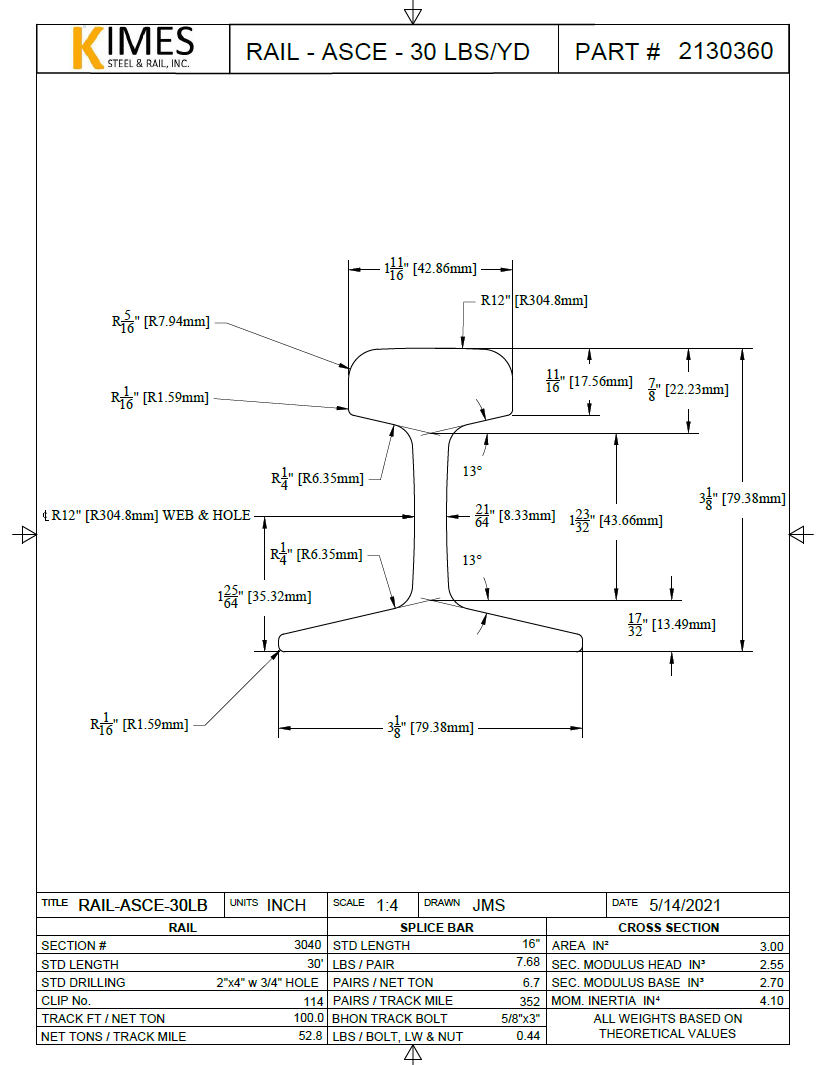 30 lb ASCE New Rail 30'0