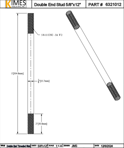 Double End Stud 5/8"x12" Steel Threaded 2" Each End 11 TPI UNC