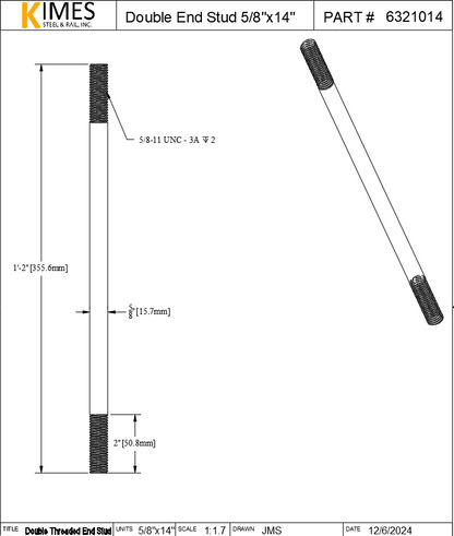 Double End Stud 5/8"x14" Steel Threaded 2" Each End 11 TPI UNC