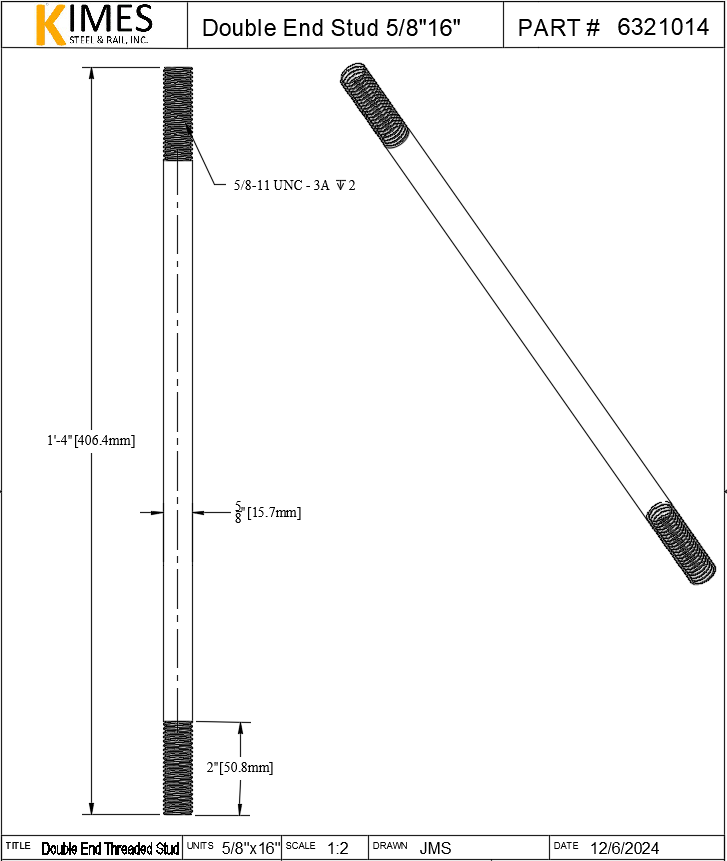 Double End Stud 5/8"x16" Steel Threaded 2" Each End 11 TPI UNC