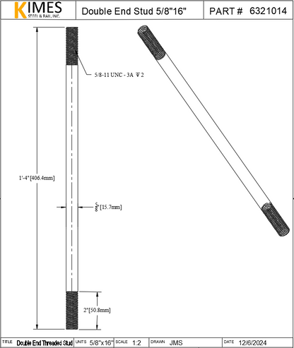 Double End Stud 5/8"x16" Steel Threaded 2" Each End 11 TPI UNC