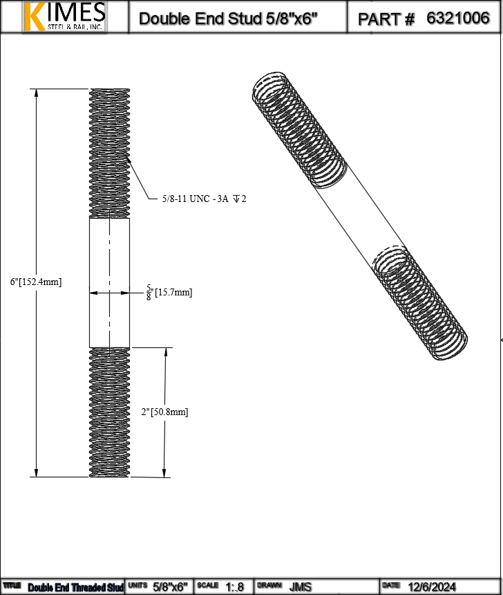 Double End Stud 5/8"x6" Steel Threaded 2" Each End 11 TPI UNC