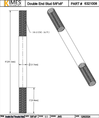 Double End Stud 5/8"x8" Steel Threaded 2" Each End 11 TPI UNC