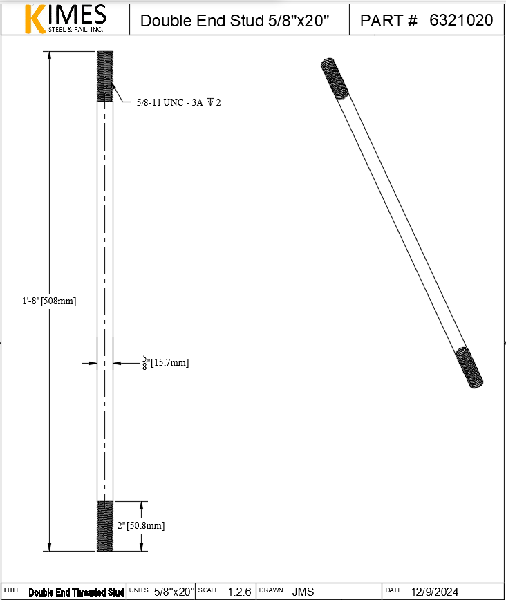 Double End Stud 5/8"x20" Steel Threaded 2" Each End 11 TPI UNC