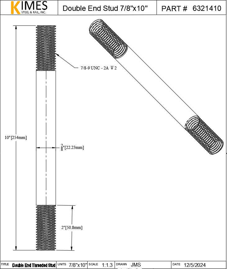 Double End Stud 7/8"x10" Steel Threaded 2" Each End 9 TPI UNC