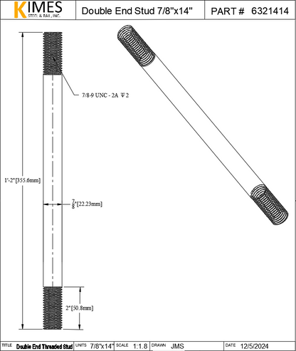 Double End Stud 7/8"x14" Steel Threaded 2" Each End 9 TPI UNC